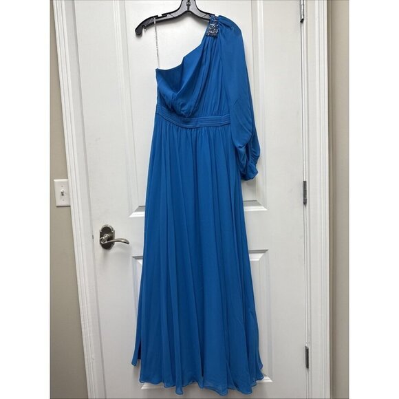 Sachin & Babi Size 2 Blue Makayla One-Shoulder Blouson-Sleeve Gown Dress Prom - Picture 4 of 15